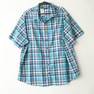 Synrgy Mens Short Sleeve Plaid Blue Grey Plaid Button Down Shirt Size 2XL